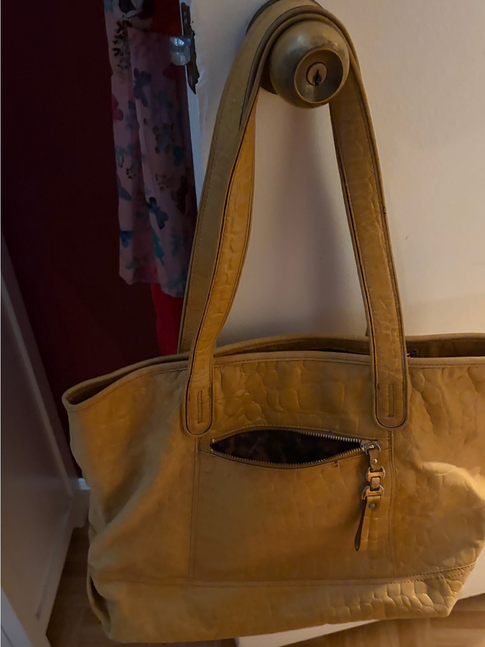 Women's Leather Mustard Yellow crocodile Tote Bag with Front Zip Pocket